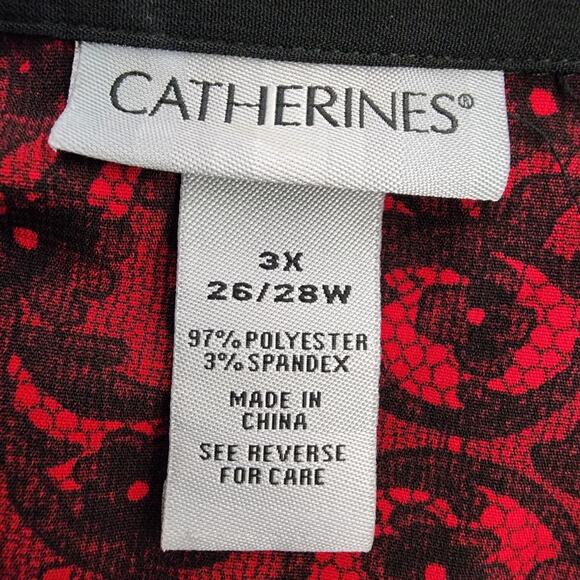 Catherines Womens Floral Button Up Shirt 3X Black Red Roll Tab Sleeves Office - Picture 8 of 9
